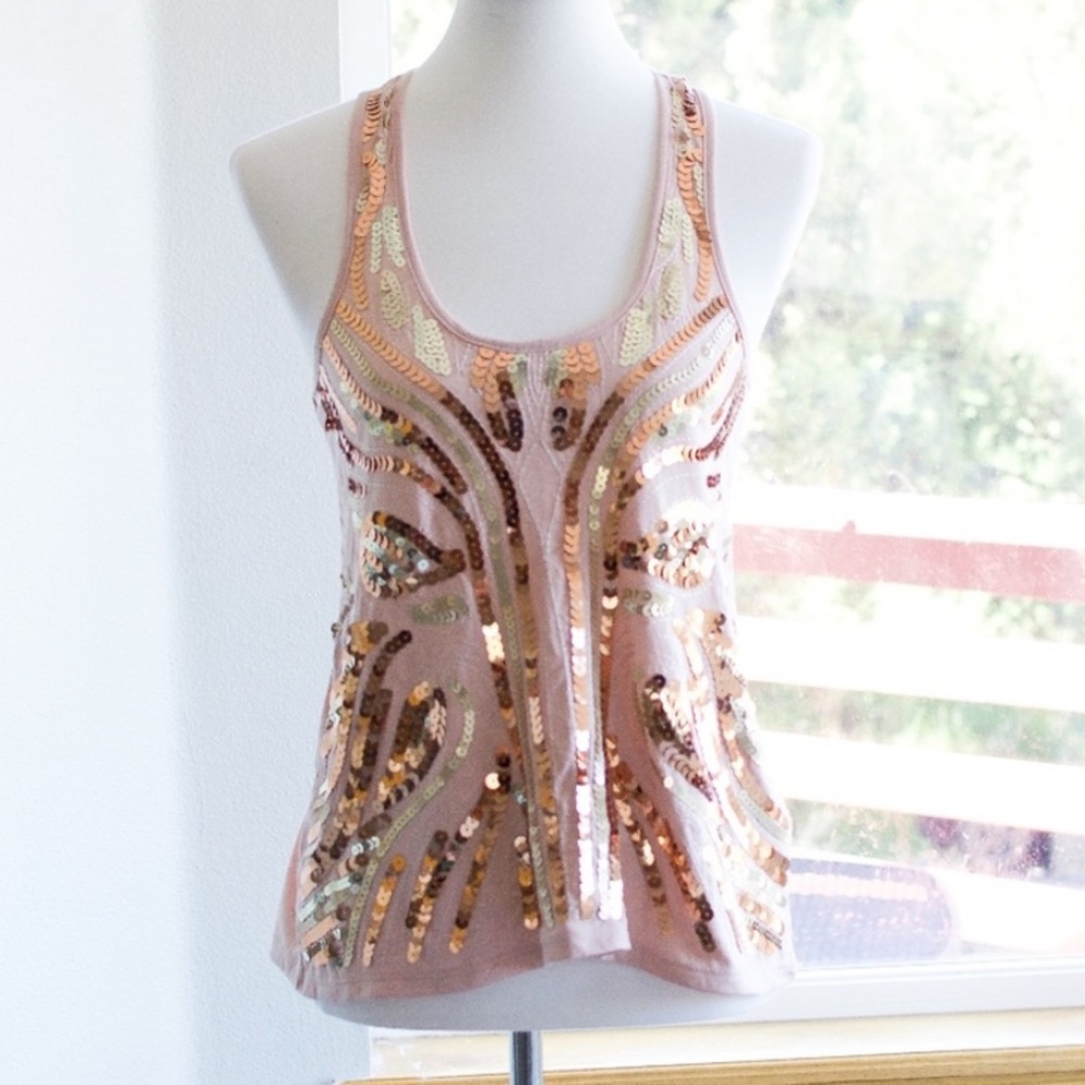 🌸3/$25 Almost Famous Mixed Media Gold & Rose Gold Sequin Pink Tank Top, Size S